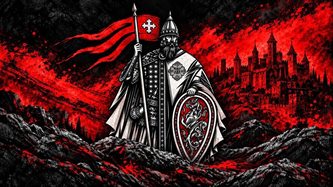 Il cavaliere di Andrea Bianchi Systema, con stendardo rosso e scudo, tra rocce scure e una fortezza nel cielo rosso
