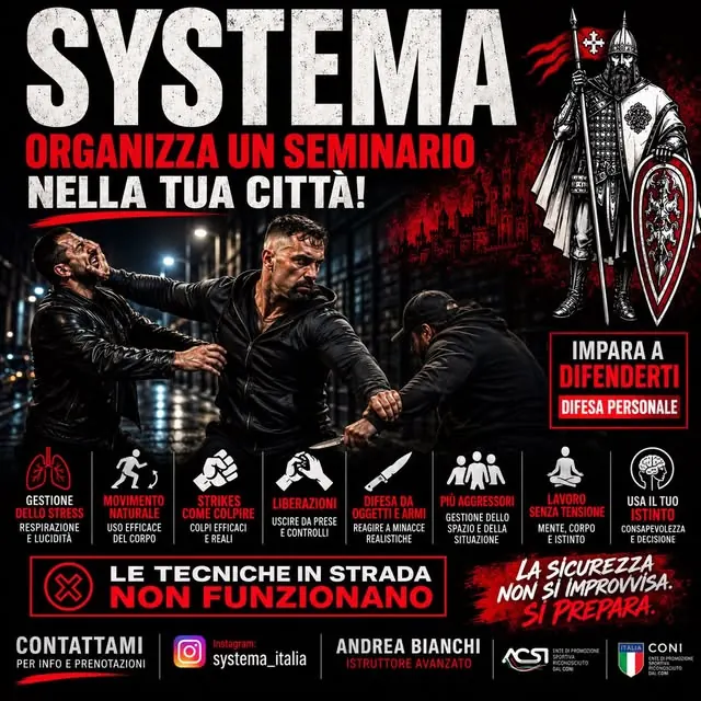 Locandina: Systema organizza un seminario nella tua città. Gestione dello stress, movimento naturale, colpi, liberazioni, difesa da oggetti e armi, più aggressori.